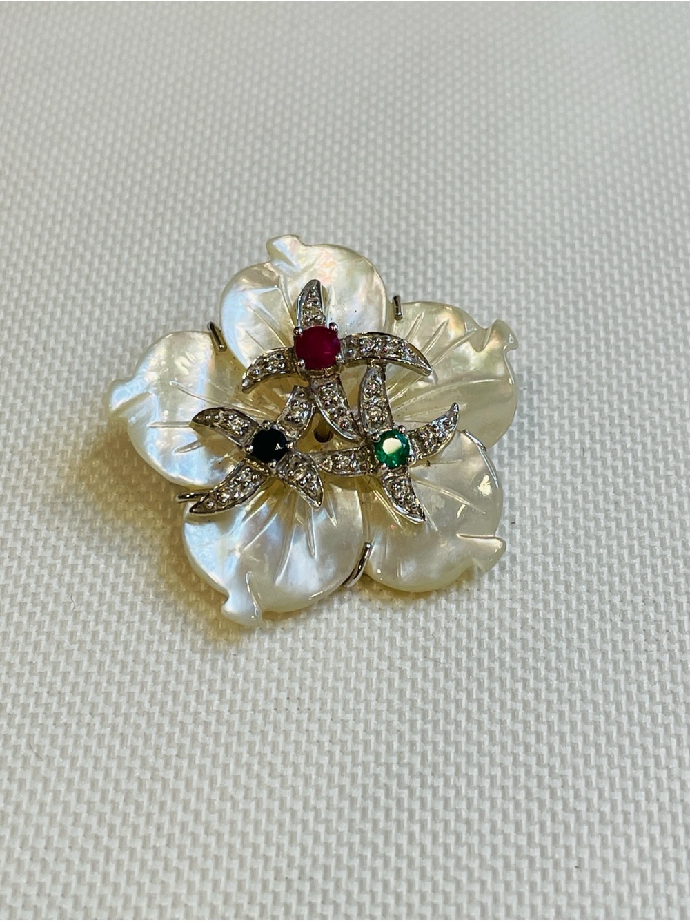 14K Gold Sapphire Emerald Ruby Diamond Mother Of Pearl Carved Blossom Pendant